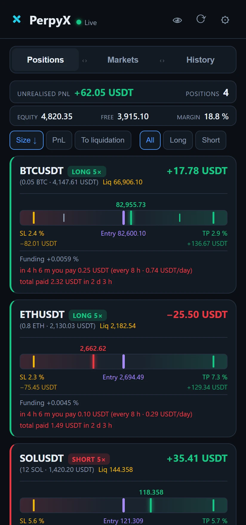PerpyX positions screen with live PnL and stop-loss / take-profit ladders